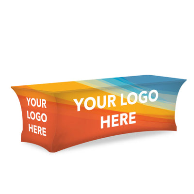 Printed stretch fabric table cover with custom logo placeholder in an orange and blue design