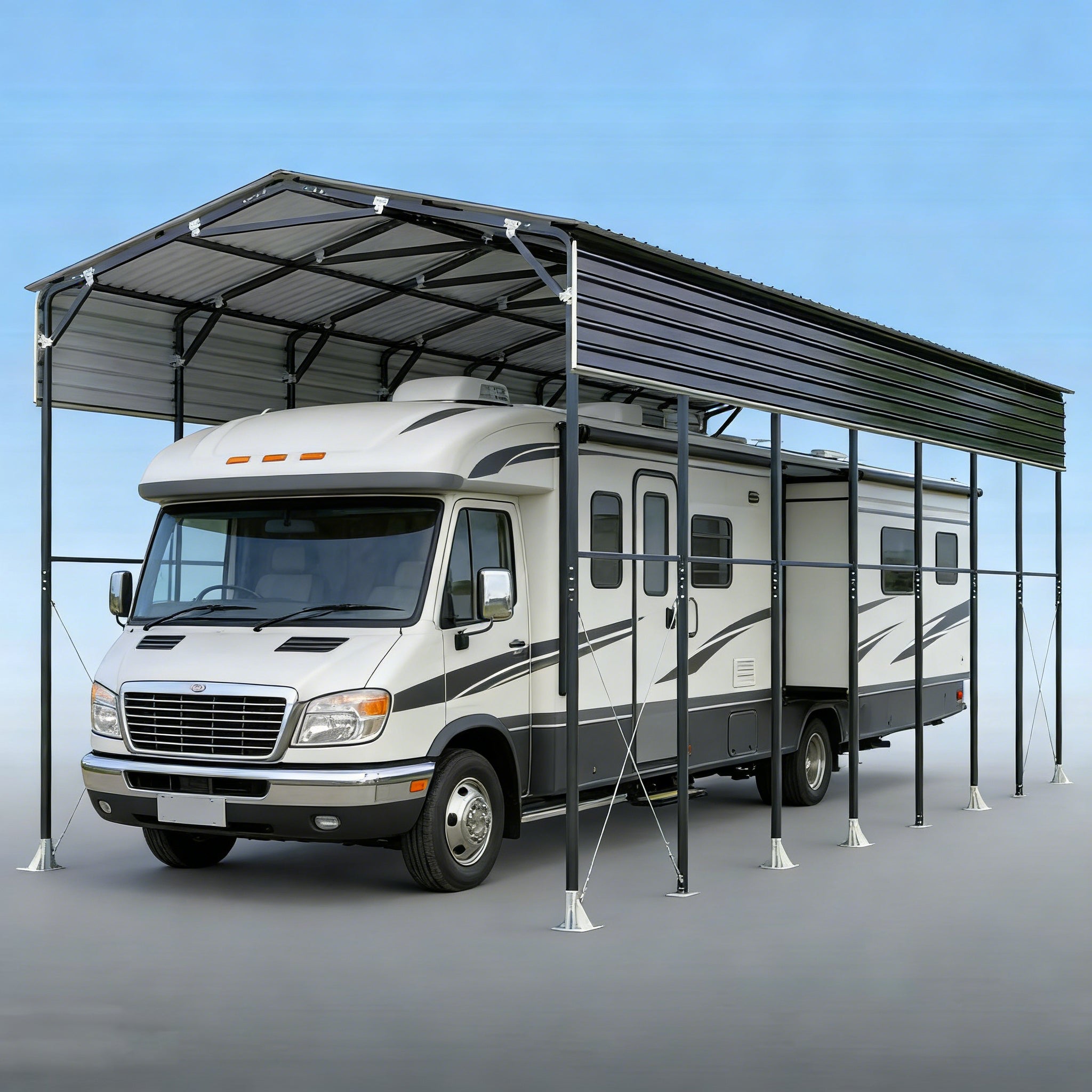 14' x 40' Metal Shed Shelter for Class-A RV with 16'2" Peak Height, 15' Inner Clearance, and 14'1" Open Sidewalls, TMG-MSRV1440
