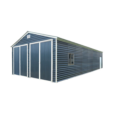 Three-quarter exterior view of blue Metal Garage Shed with double front doors.