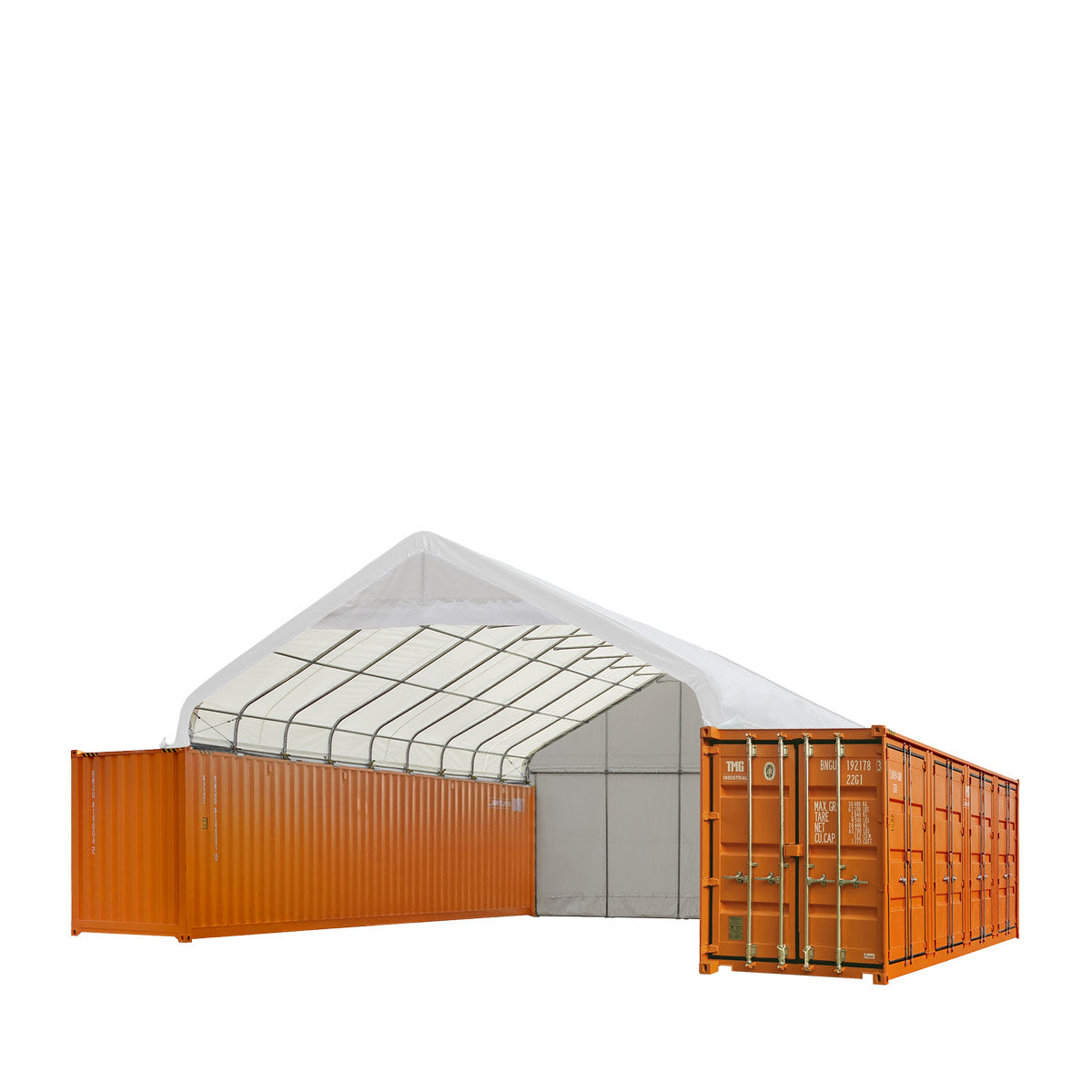 TMG-ST3042CVF 30' x 40' PVC fabric container shelter, peak roof with end wall and partial front drop, ~1200 sq ft covered space, mounts on containers or pony walls