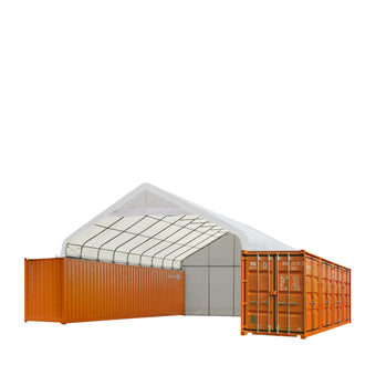 TMG-ST3042CVF 30' x 40' PVC fabric container shelter, peak roof with end wall and partial front drop, ~1200 sq ft covered space, mounts on containers or pony walls