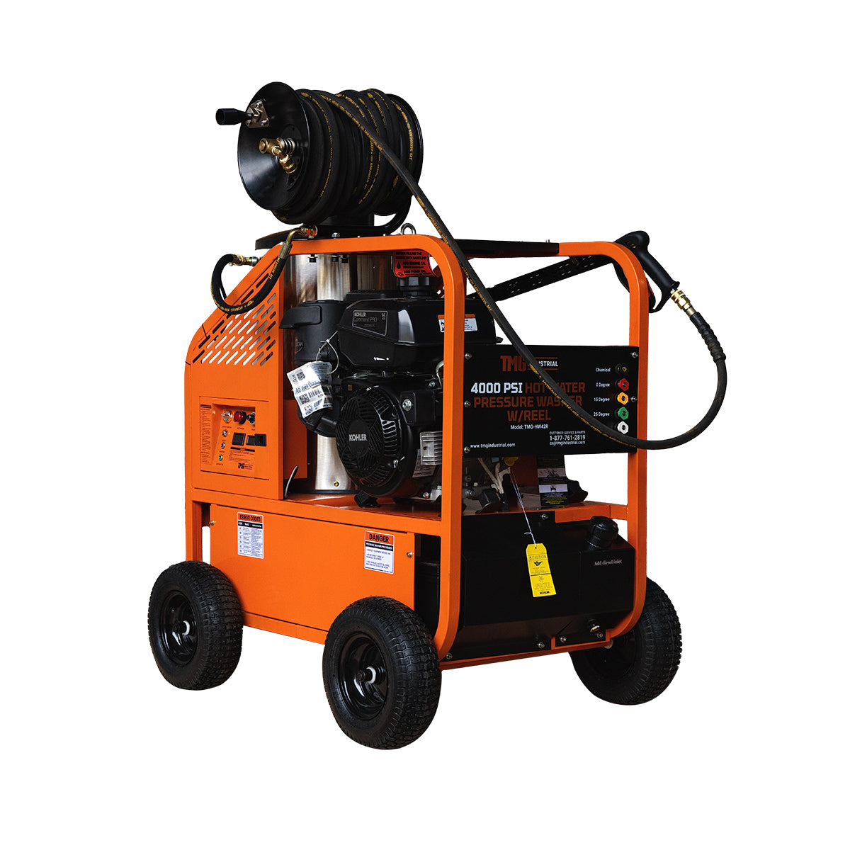 TMG-HW42R 4000 PSI hot water pressure washer with 85' hose reel and 14 HP Kohler engine