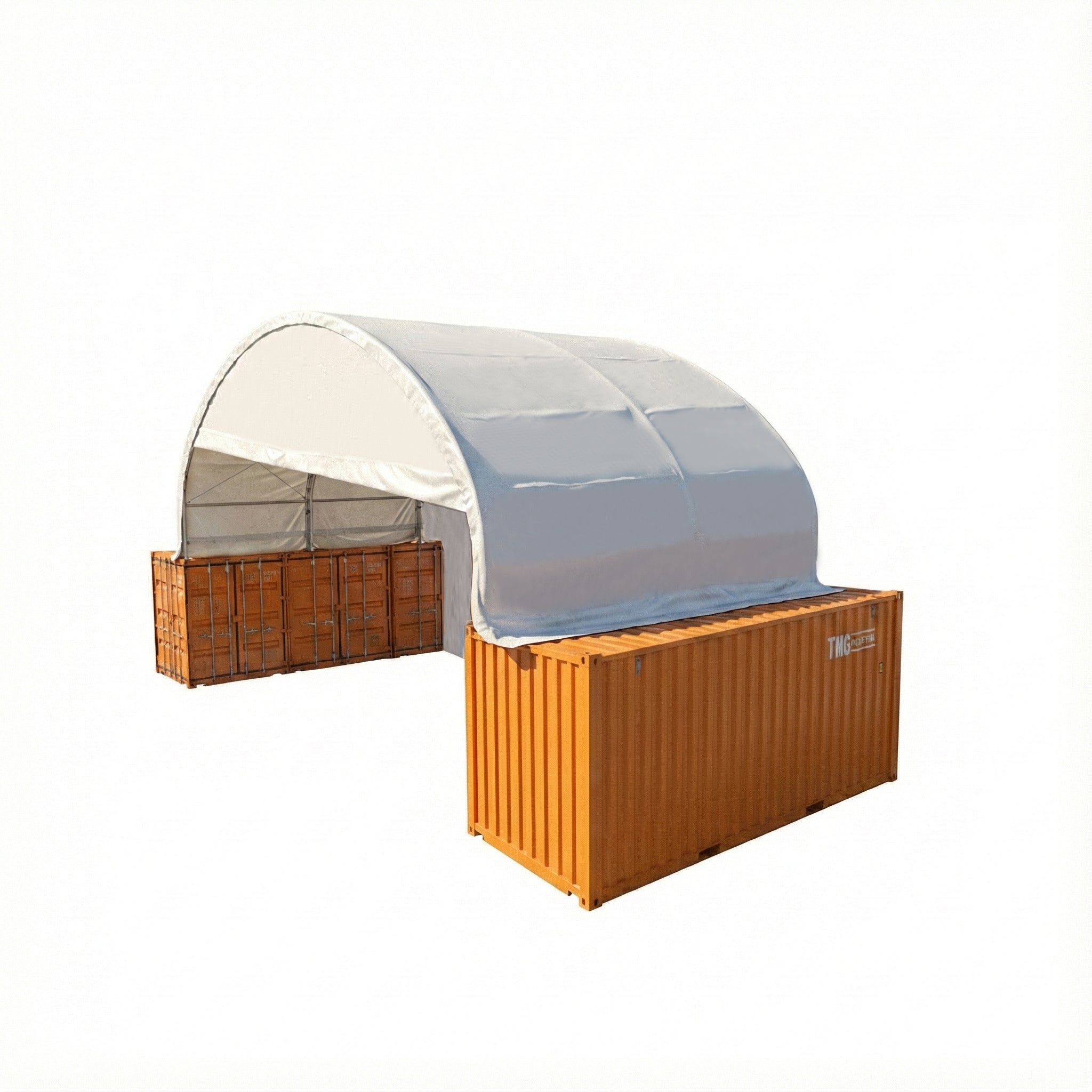TMG-DT4022CF8 40' x 20' dual truss container shelter with 21 oz PVC cover, enclosed end wall and front drop