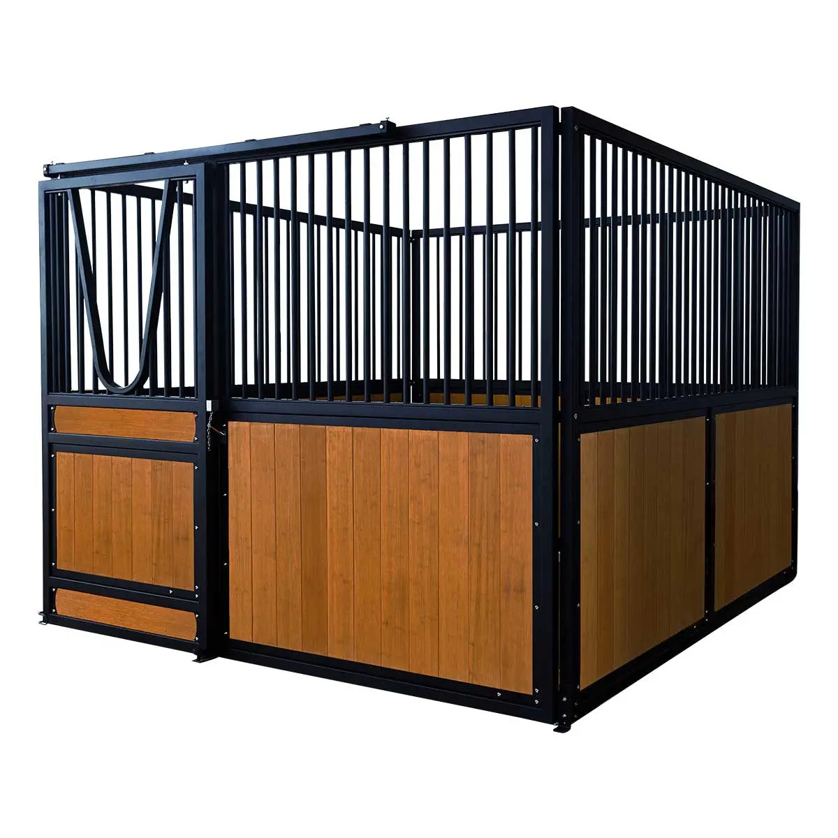 9' x 10' pre-built bamboo horse stall with vertical bar top, sliding door, powder-coated steel frame, and U-shaped opening for horse comfort – ideal for barns and stables.