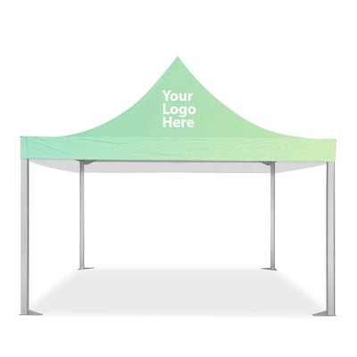 Front view of mint-peaked 20' x 20' custom printed marquee tent canopy