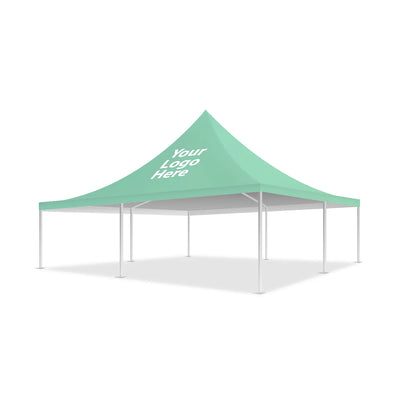 Mint-green model with peak logo area on marquee tent canopy.