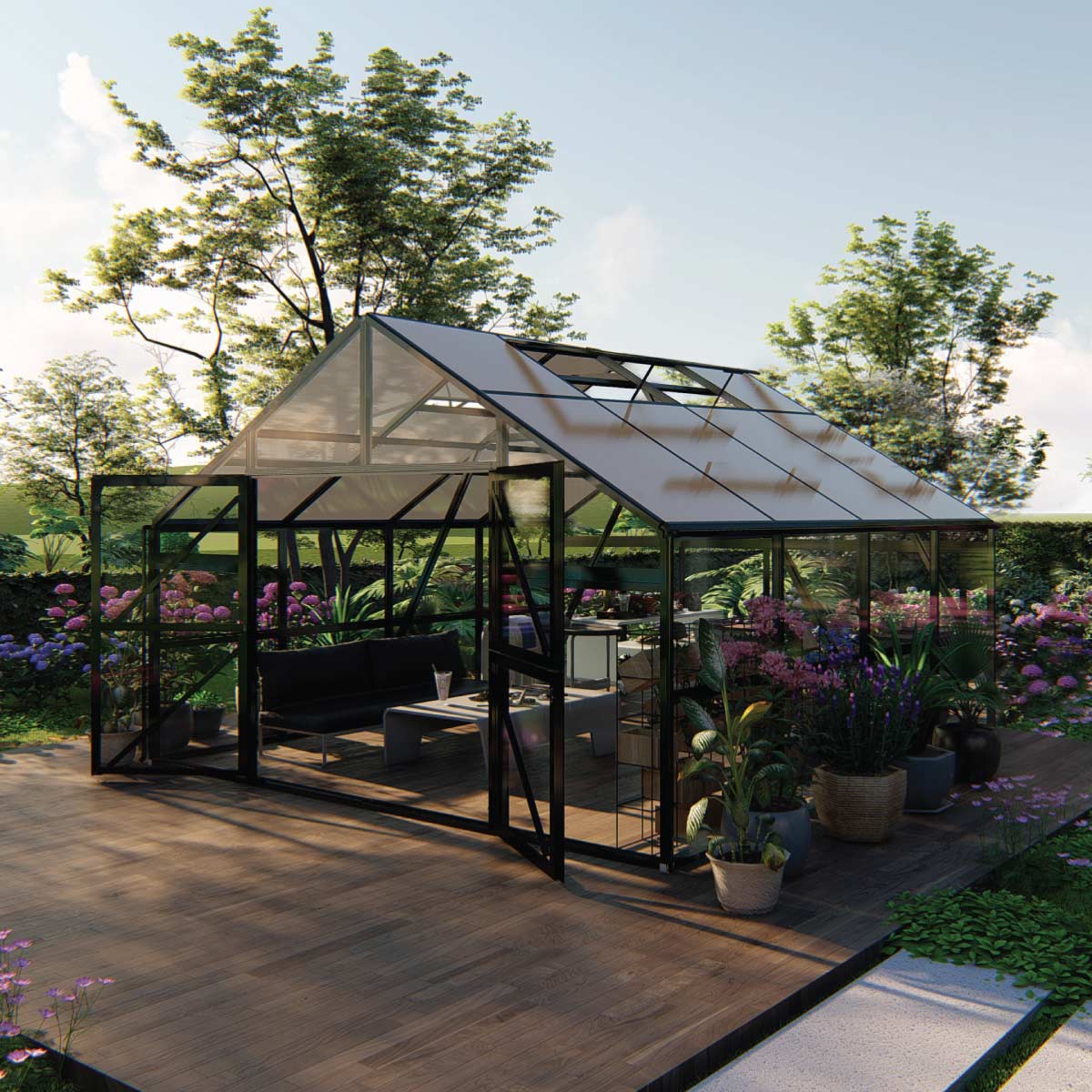 Nordic Series 13' x 13' Gazebo-Style Greenhouse, 9' Height, Expandable Aluminum Frame, Tempered Glass Walls and Polycarbonate Roof, TMG-GHN1313