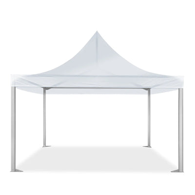 Front view of 20' x 20' Marquee Tent Canopy, White with four legs.