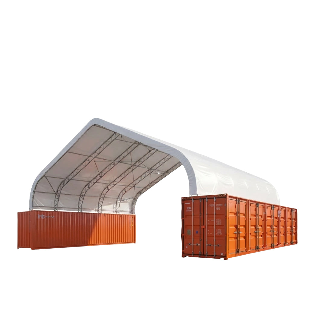Snow Series 50' x 40' dual truss container shelter with 32 oz PVC cover, 25 PSF snow load, TMG-DT5040-SR25