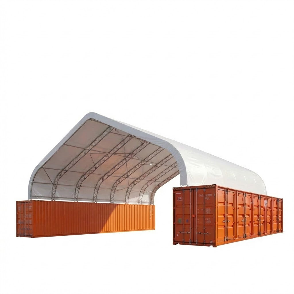 Snow Series 50' x 80' dual truss container shelter with 32 oz PVC cover, 25 PSF snow load, TMG-DT5080C-SR25