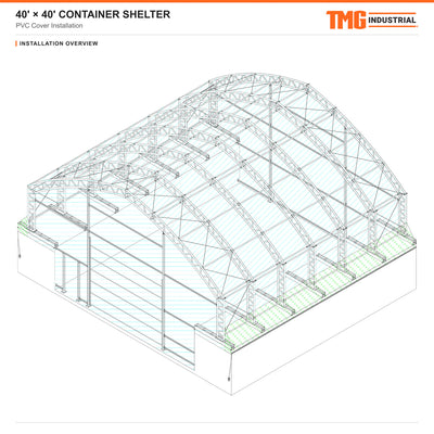 Snow Series™ 40' x 40' Dual Truss Container Shelter, 60 PSF Snow Load Rated, Engineering Drawing, Heavy Duty 32 oz PVC Cover, Custom Project TMG-DTE4040CU-SR60
