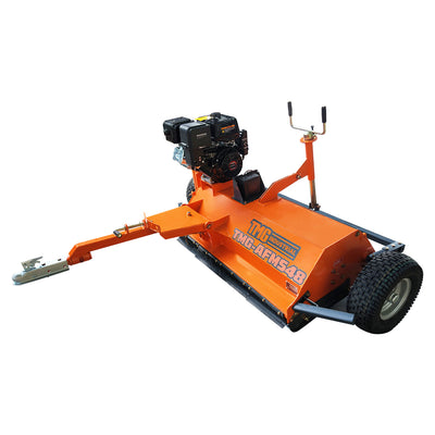 Orange ATV/UTV Tow Behind Flail Mower with engine, hitch, and wheels visible