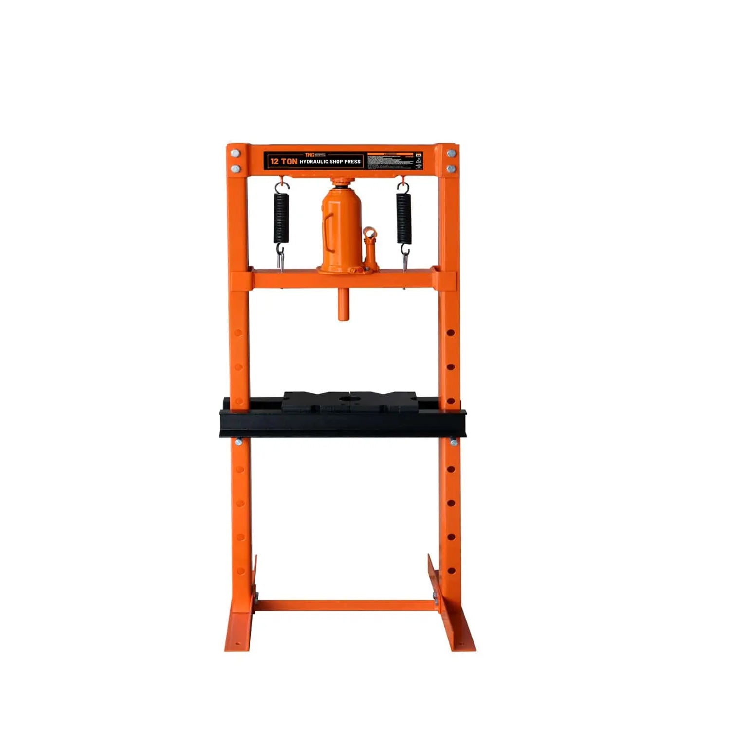12 Ton Capacity Hydraulic Shop Press, H-Frame, Hand Crank Bottle Jack Pressing, 8 Bed Height Positions, TMG-ASP12