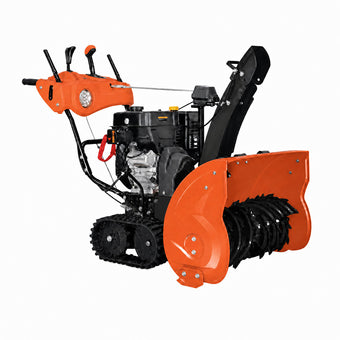 Orange 30-inch Track Drive Snow Blower showing serrated auger, rubber tracks, and handle controls.