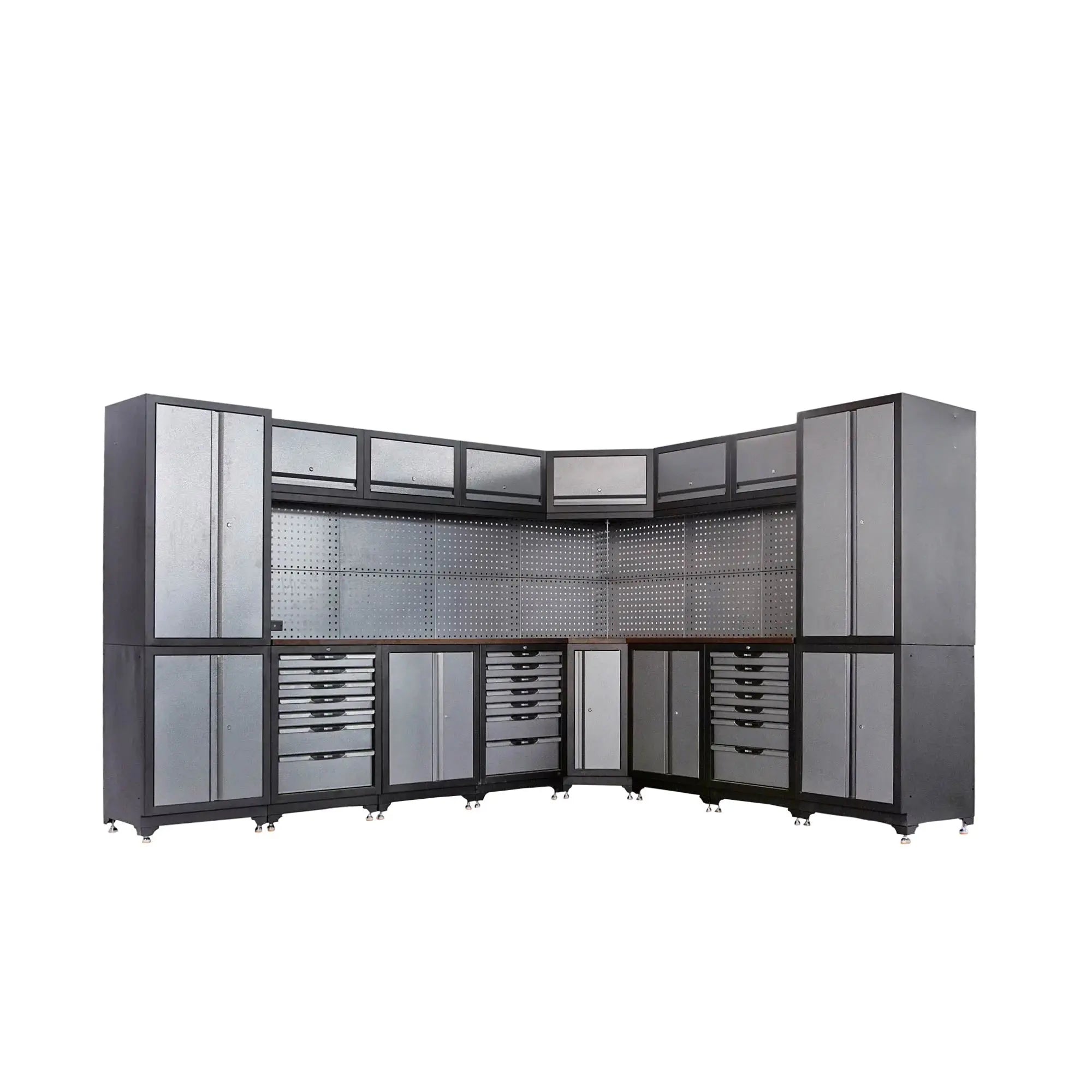 TMG Industrial Extreme-Duty Steel Garage Corner (11’ + 8.5’) Tool Chest w/Pegboard, Power Outlets, USB Port, Magnetic Motion LED Lamps, TMG-WBM15