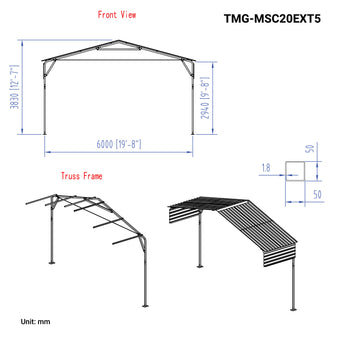 5' Metal Carport Extension Modular Kit for TMG-MSC2020 and TMG-MSC2030, TMG-MSC20EXT5
