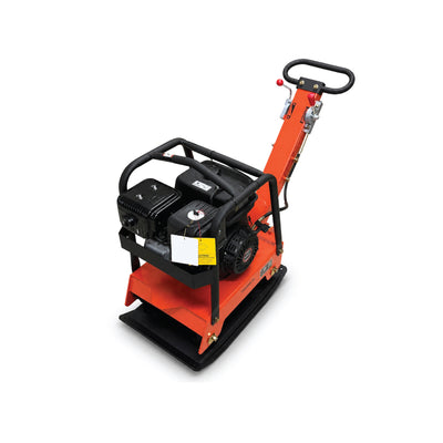 Angled three-quarter view of orange TMG plate compactor with protective frame.