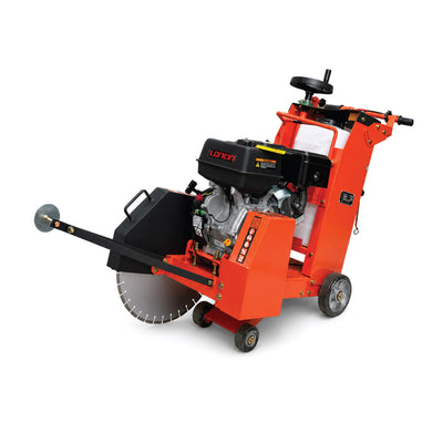 Orange 20" Walk-Behind Concrete Saw angled on white background.