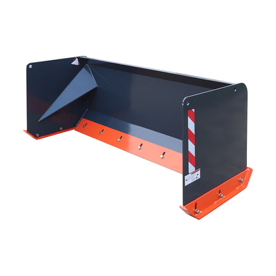 Angled studio view showing skid steer snow pusher with orange replaceable cutting edge