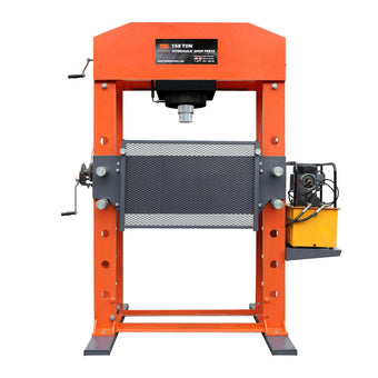 150 Ton Capacity Hydraulic Shop Press, Heavy Duty Pressing, Protective Grid Guard, Fully Welded H-Frame, TMG-SP150