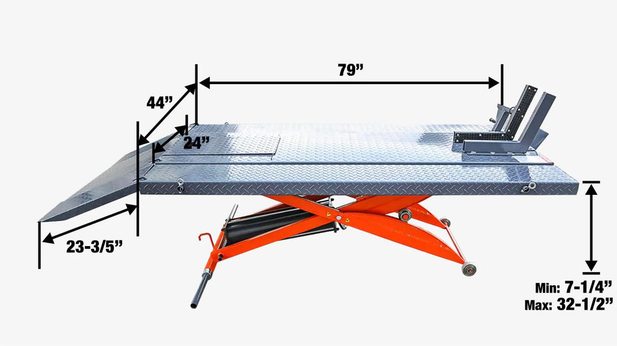 1000 lb Portable Motorcycle/ATV Scissor Lift, 44" Work Platform, 10" Side Panel Extensions, 79" Platform Length, Front Vise Kit, TMG-1000PML