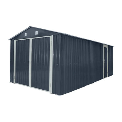 10' x 20' metal garage shed with double front doors, side entry door, charcoal grey finish, and 200 sq-ft of floor space – packed in wooden crate for shipping.