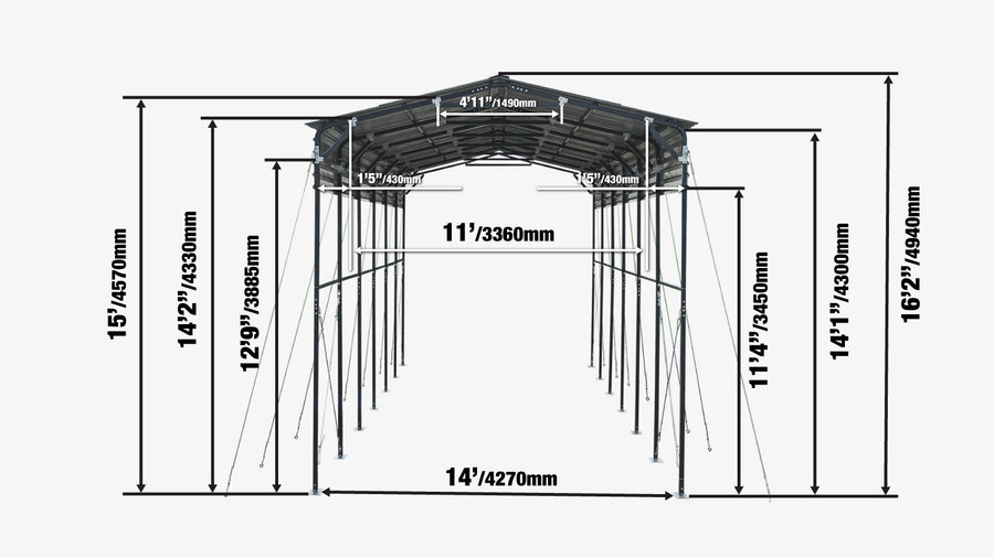 Abri VR Métallique 14' x 30', Hauteur de Pointe 16'2", Dégagement Intérieur 15', Parois Latérales Ouvertes 14'1", TMG-MSRV1430