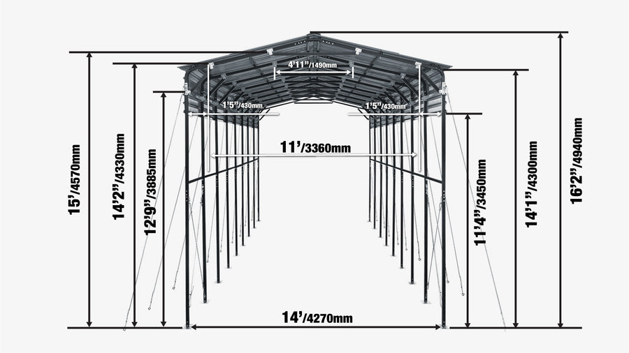 14' x 40' Metal Shed Shelter for Class-A RV, 16'2" Peak Height, 15' Inner Clearance, 14'1" Open Sidewalls, TMG-MSRV1440