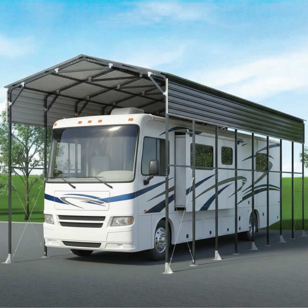 14' x 40' Metal Shed Shelter for Class-A RV with 16'2" Peak Height, 15' Inner Clearance, and 14'1" Open Sidewalls, TMG-MSRV1440
