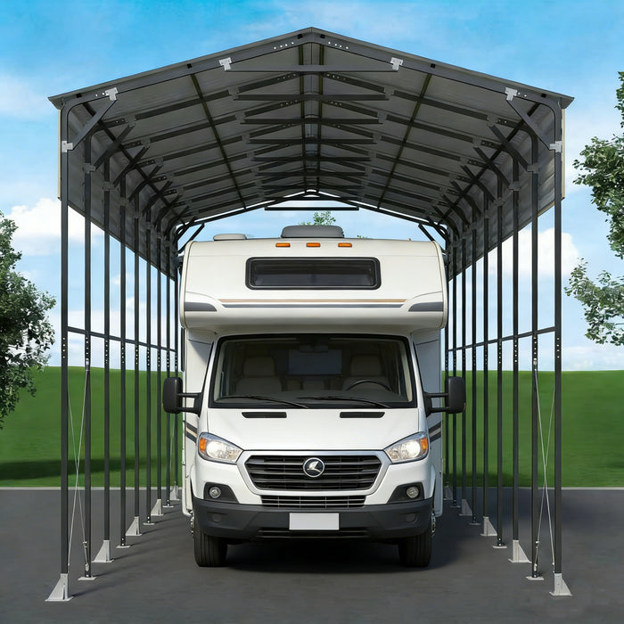 14' x 40' Metal Shed Shelter for Class-A RV with 16'2" Peak Height, 15' Inner Clearance, and 14'1" Open Sidewalls, TMG-MSRV1440

