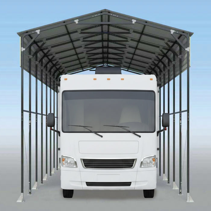 14' x 40' Metal Shed Shelter for Class-A RV with 16'2" Peak Height, 15' Inner Clearance, and 14'1" Open Sidewalls, TMG-MSRV1440
