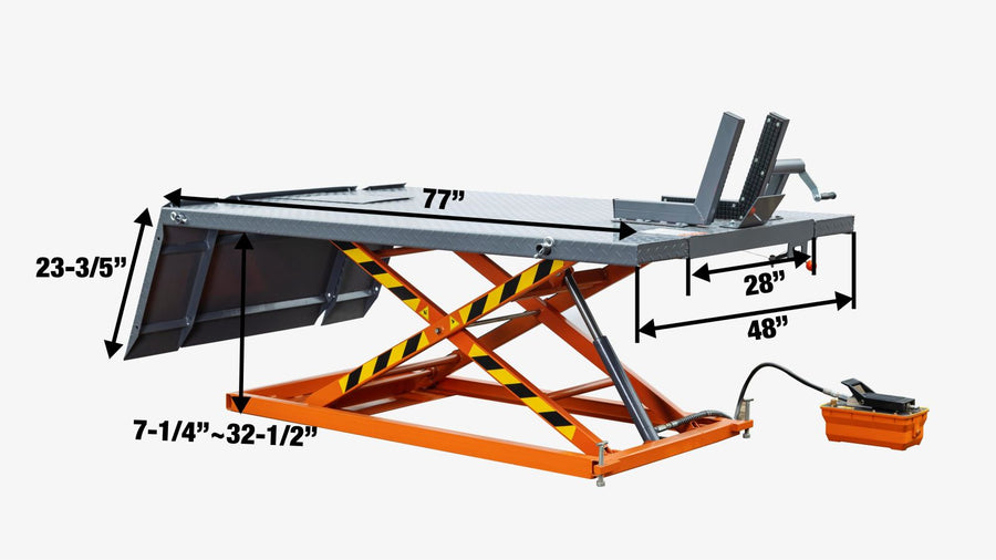 1500-lb Portable Motorcycle/ATV Scissor Lift, 48" Work Platform, Side Extensions, Foot Pedal Air Pump, Front-wheel vise grip, TMG-1500PML