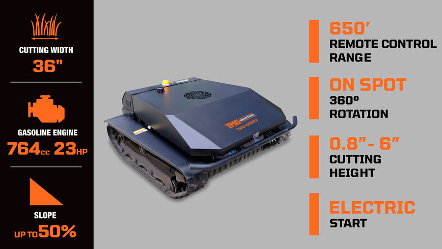 36" All-Terrain Remote Lawn Mower, 23 HP Gas Engine, Crawler Tracks for Slopes and Rough Terrain (Discontinued – No Longer Available) TMG-GRM23