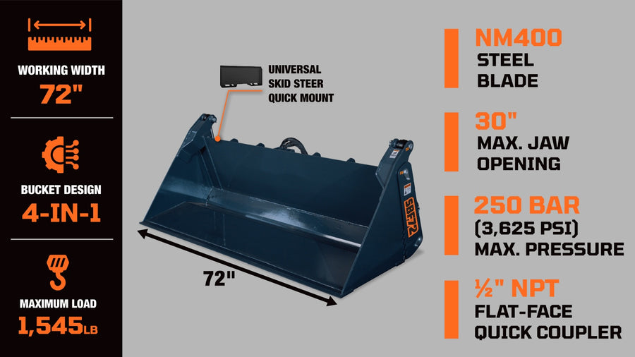 Skid Steer 4-in-1 Bucket, 30" Maximum Opening, 1545 Lb Load Capacity, TMG-SBF72