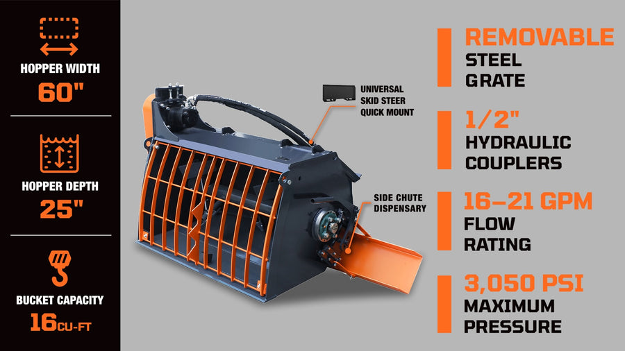 TMG Industrial 60" Skid Steer Bétonnière Fixation, distributeur de goulotte latérale et séparateur de sac, support universel, capacité de 16 pieds cubes, TMG-SCM61
