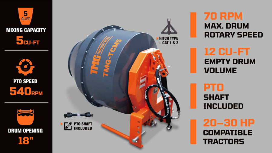 5 Cu-Ft 3-Point Hitch Cement Mixer, PTO Shaft Included, Category 1 & 2 Hookup TMG-TCM5