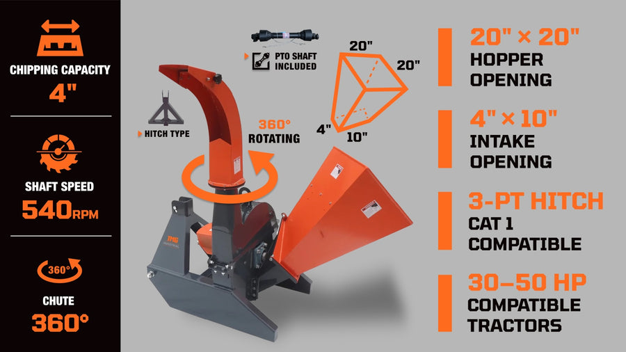 Sub Compact Wood Chipper, 4" Chipping Capacity, 3-Point Category 1 Hookup, 30-50 HP Tractor, TMG-WC42