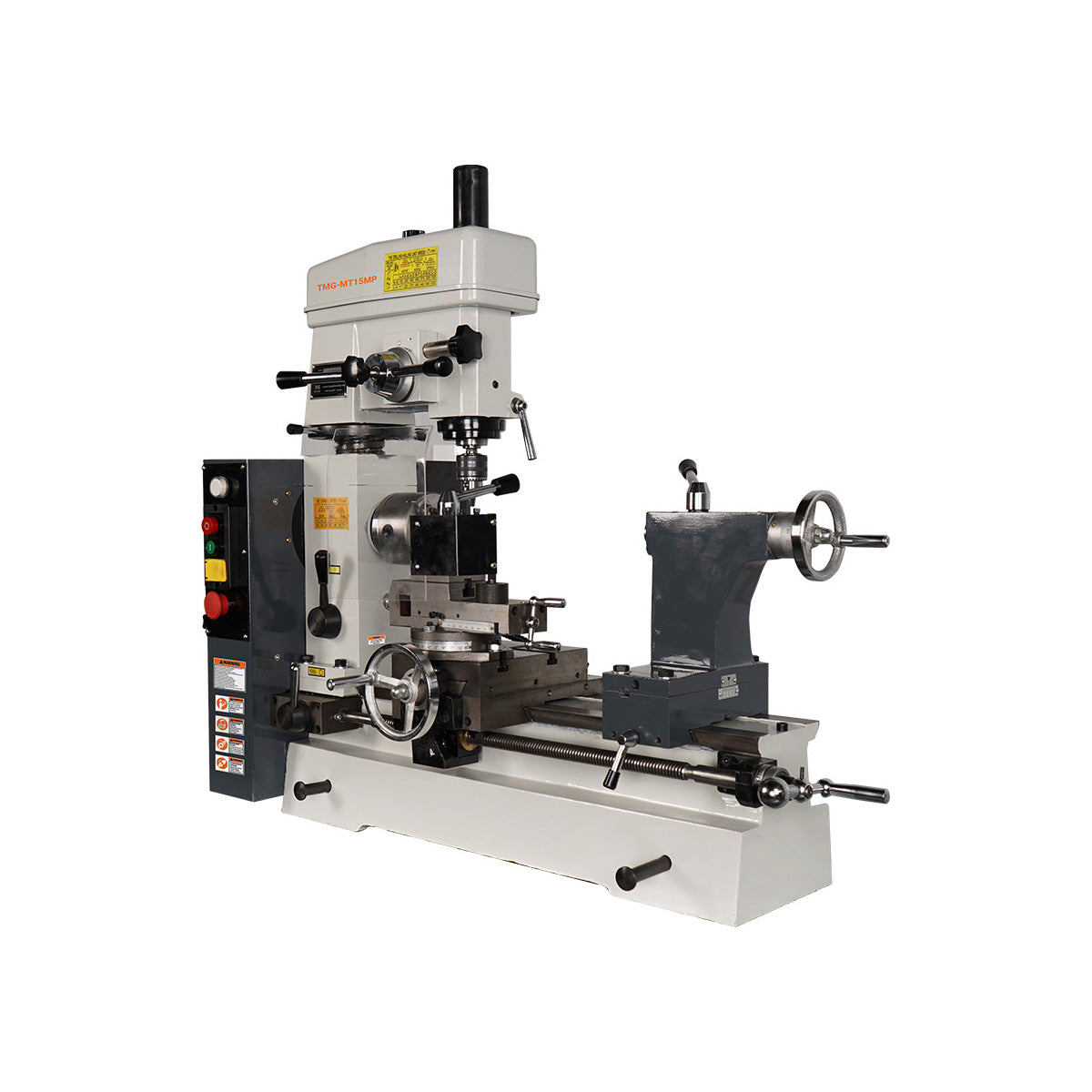 Three-quarter view of Lathe Milling Combo Machine showing headstock, carriage, tailstock