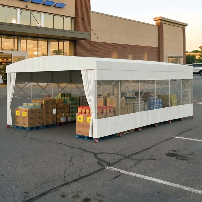 30' x 50' Retractable Mobile Shelter, 13' Clearance, 6" Nylon Casters, 17 oz PVC Cover, TMG-STM3050