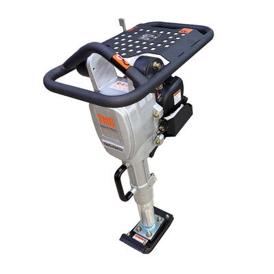 Angled front view showing handles, engine cover, and foot plate of Jumping Jack Tamping Rammer Compactor.