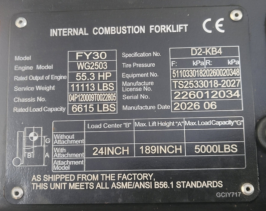 3 Ton LPG Forklift, Kubota Engine, 48" or 60" Class III A Forks, Cushion Tires, TMG-FLP30KU