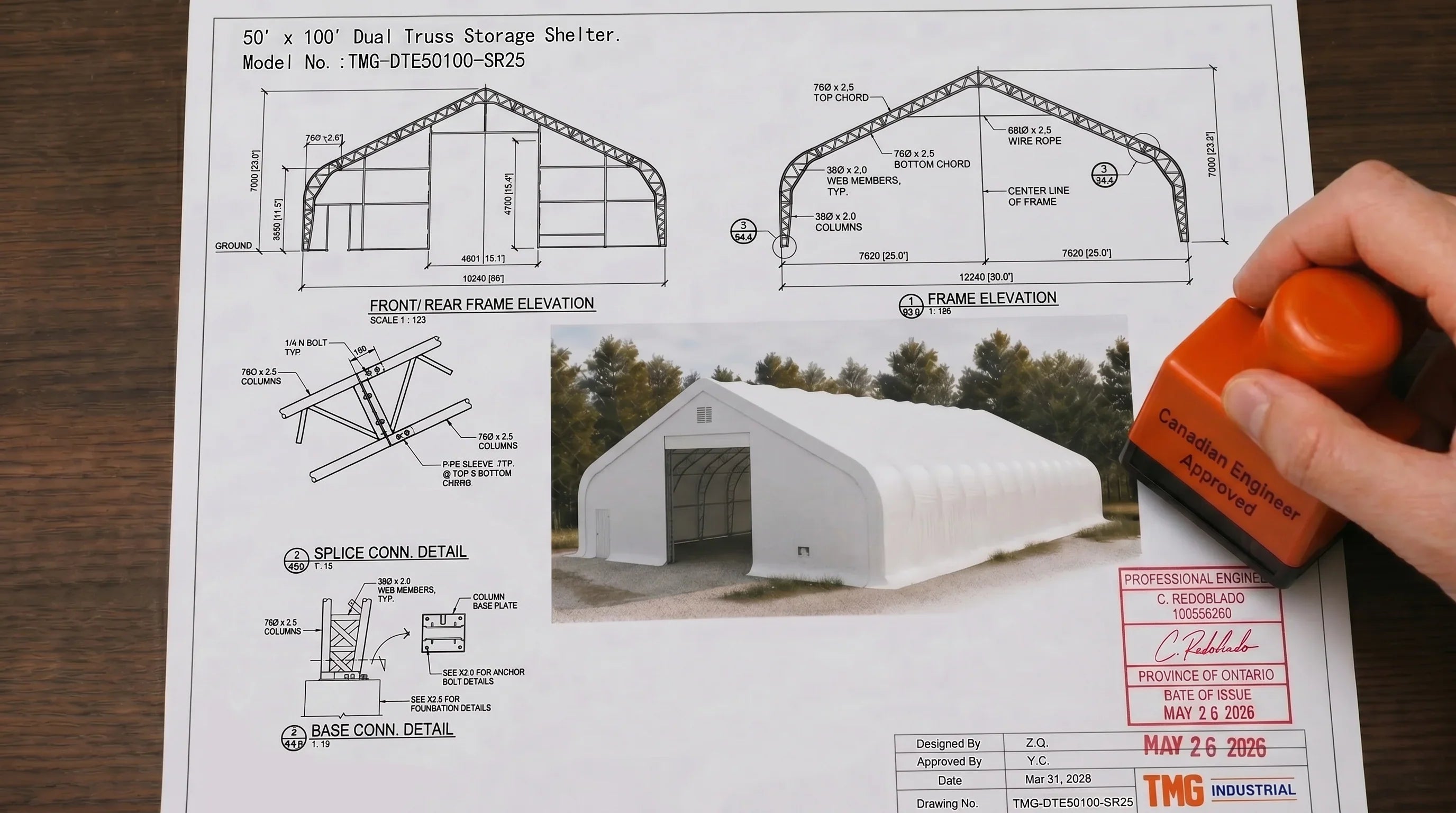 Snow Series™ 40' x 60' Dual Truss Storage Shelter, 25 PSF Snow Load Rated, Engineering Drawing, Heavy Duty 21 oz PVC Cover & Drive Through Doors, TMG-DTE4060-SR25-specifications-image