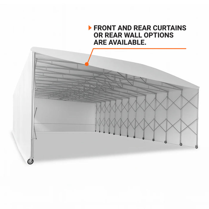 33' x 37' Retractable Mobile Storage Shelter, 20' Clearance Height, 8" Solid Rubber Tires, 28oz PVC Cover TMG Industrial CA
