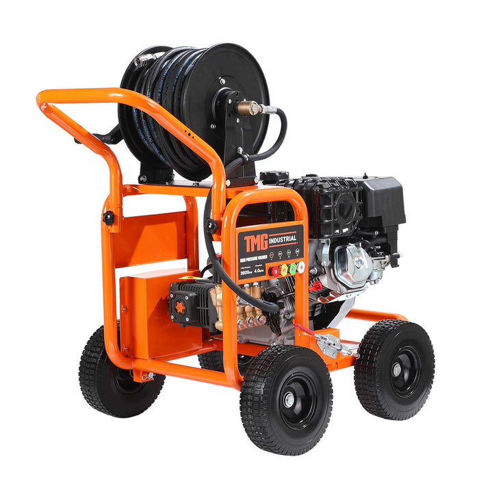 Nettoyeur haute pression à essence 3600 PSI, 4 GPM, moteur à essence 420cc, pompe triplex industrielle, enrouleur de tuyau 98', TMG-GPW36R
