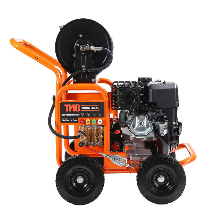 Nettoyeur haute pression à essence 3600 PSI, 4 GPM, moteur à essence 420cc, pompe triplex industrielle, enrouleur de tuyau 98', TMG-GPW36R