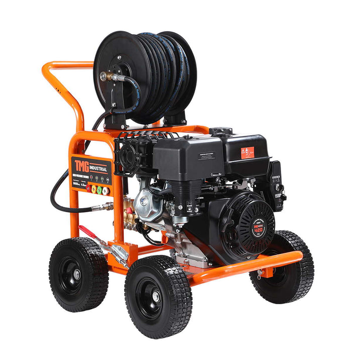 Nettoyeur haute pression à essence 3600 PSI, 4 GPM, moteur à essence 420cc, pompe triplex industrielle, enrouleur de tuyau 98', TMG-GPW36R