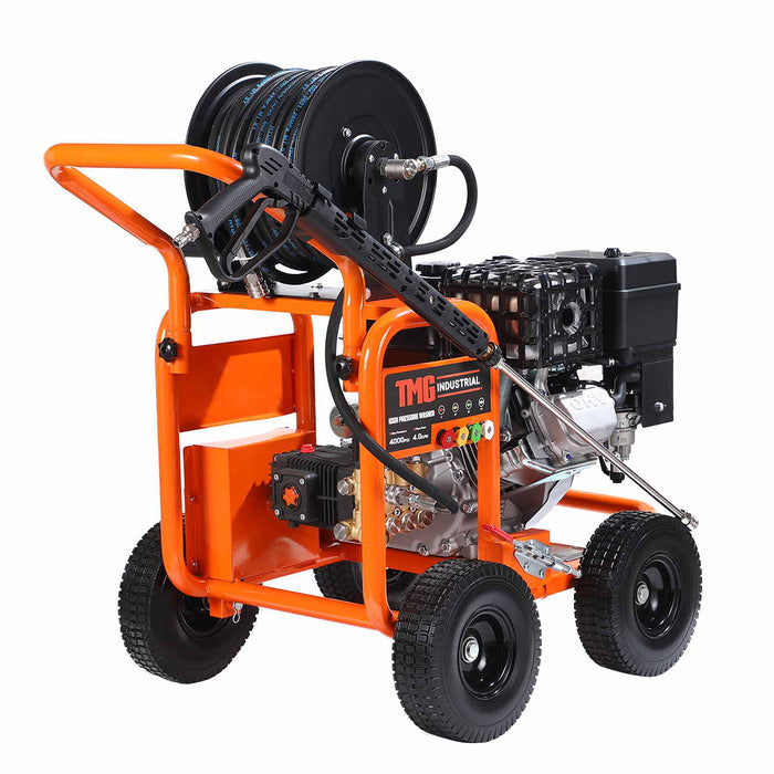 4000 PSI Gas Pressure Washer, 4 GPM, 500cc Gas Engine, Industrial Triplex Pump, 98' Hose Reel, TMG-GPW40R