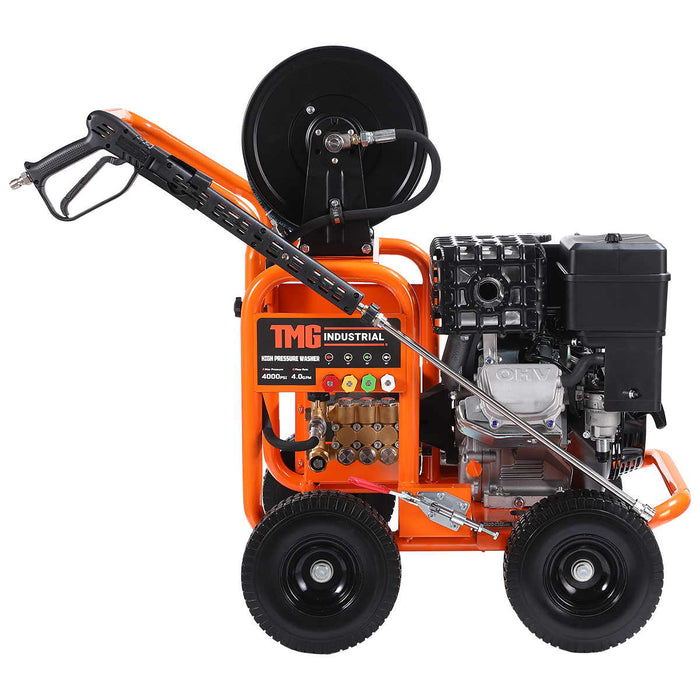4000 PSI Gas Pressure Washer, 4 GPM, 500cc Gas Engine, Industrial Triplex Pump, 98' Hose Reel, TMG-GPW40R