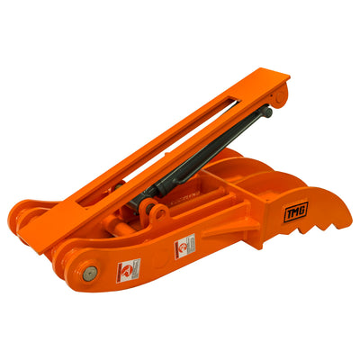 Orange hydraulic claw with cylinder and four tines, Hydraulic Thumb for 10-18 Ton Excavators