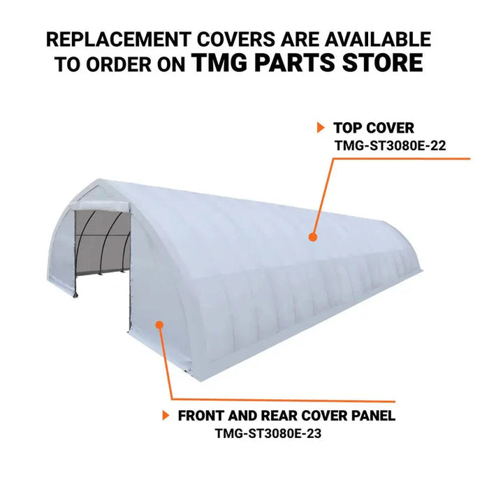 TMG-ST3082E 30x80 peak ceiling storage shelter with heavy duty 11 oz PE cover, galvanized steel frame, and drive-through roll-up doors for large equipment storage